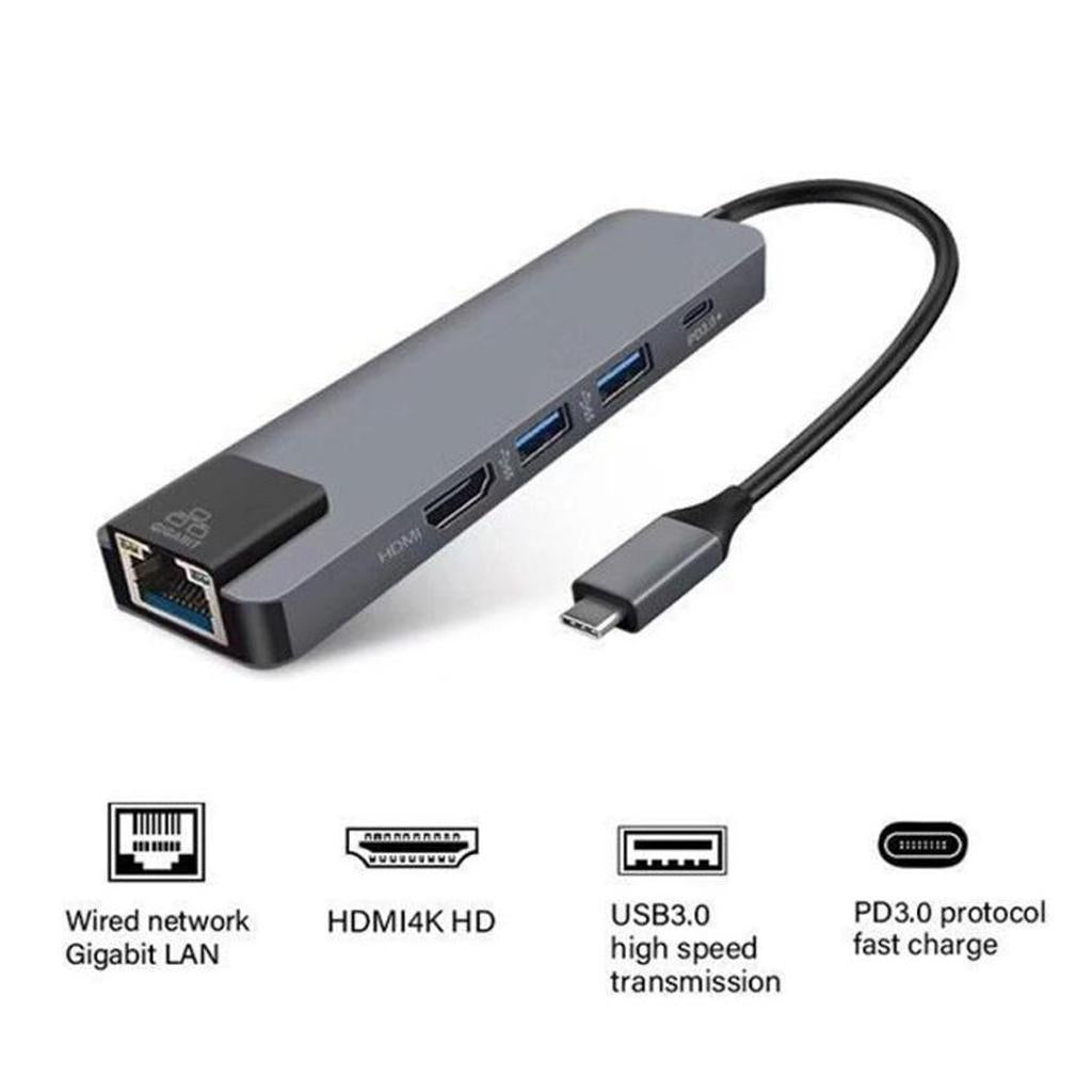 5 in 1 Type C Hub to USB3.0 HDMI 4K Gigabit Ethernet Rj45 Adapter Gray