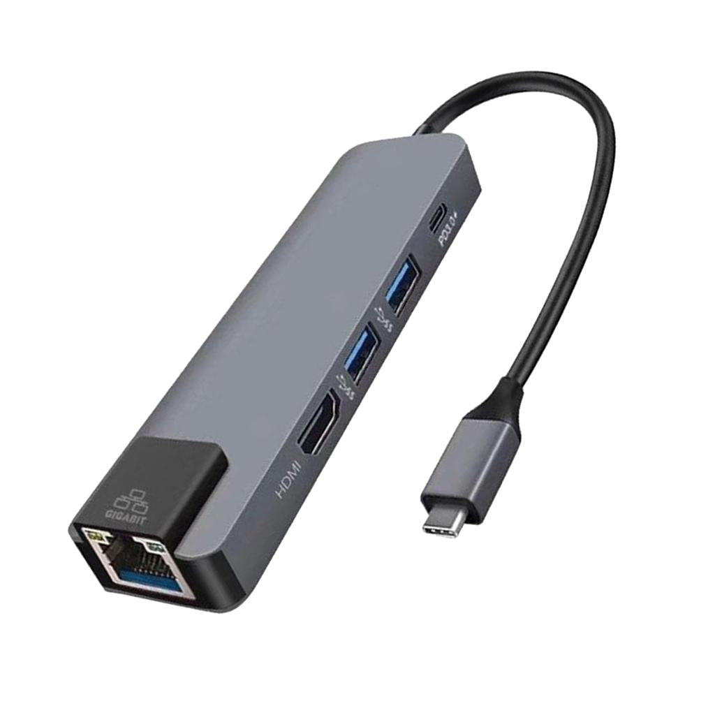 5 in 1 Type C Hub to USB3.0 HDMI 4K Gigabit Ethernet Rj45 Adapter Gray