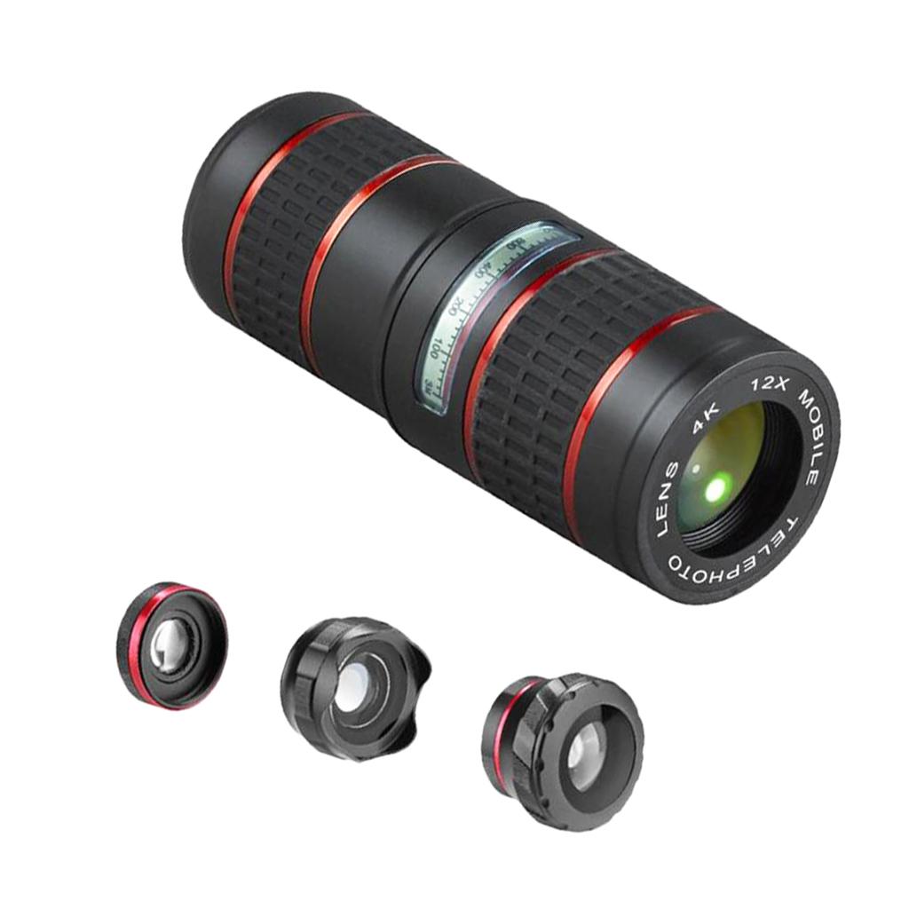 5 in 1 Phone Zoom Lens 12X HD Telephoto Fisheye Monocular Macro Lens Kit