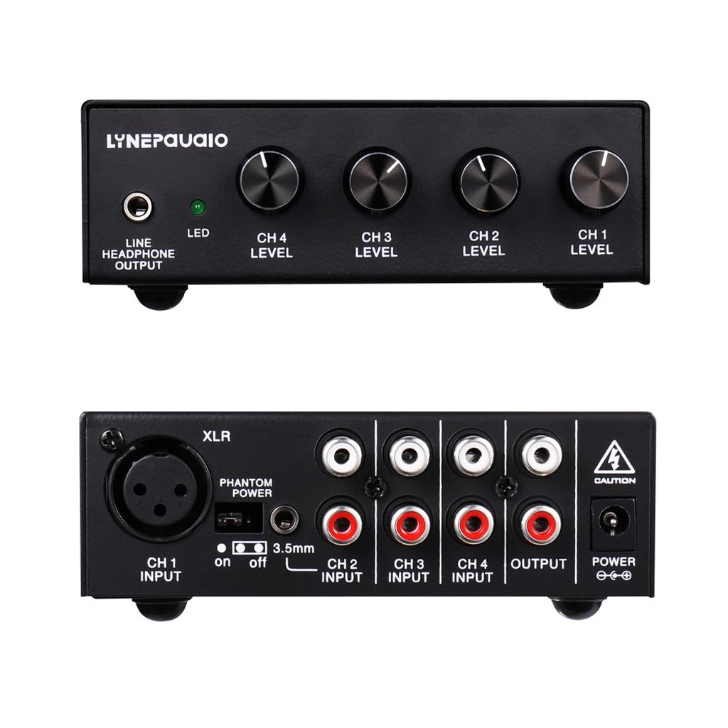 Five-channel stereo microphone mixer with earphone monitoring