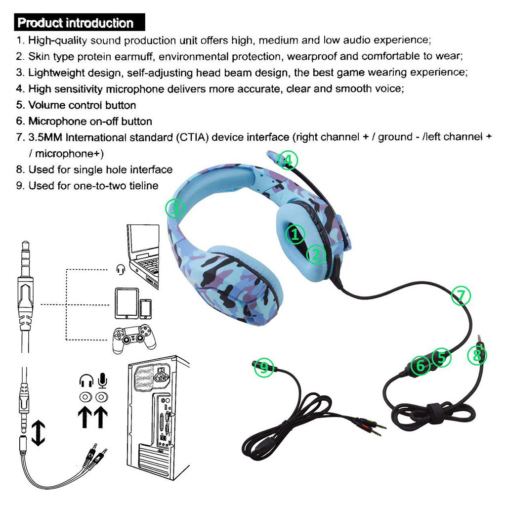 Over Ears Gaming Camouflage Headset Headphones Earphone For PS4 PC Xbox One Blue