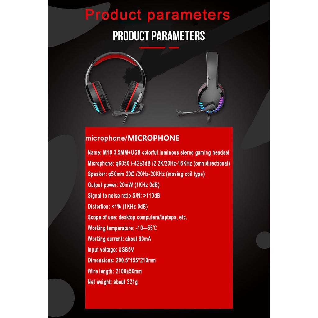 M18 Wired Colorful Glowing Stereo Gaming Headset Headphone with Mic