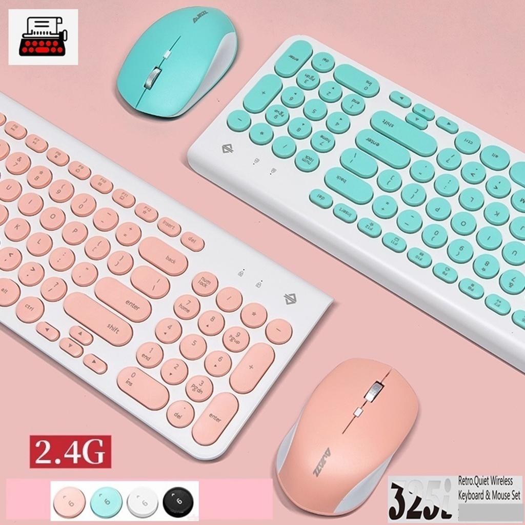 Retro Circular Mute Wireless Keyboard and 1600DPI Mice for Office Blue