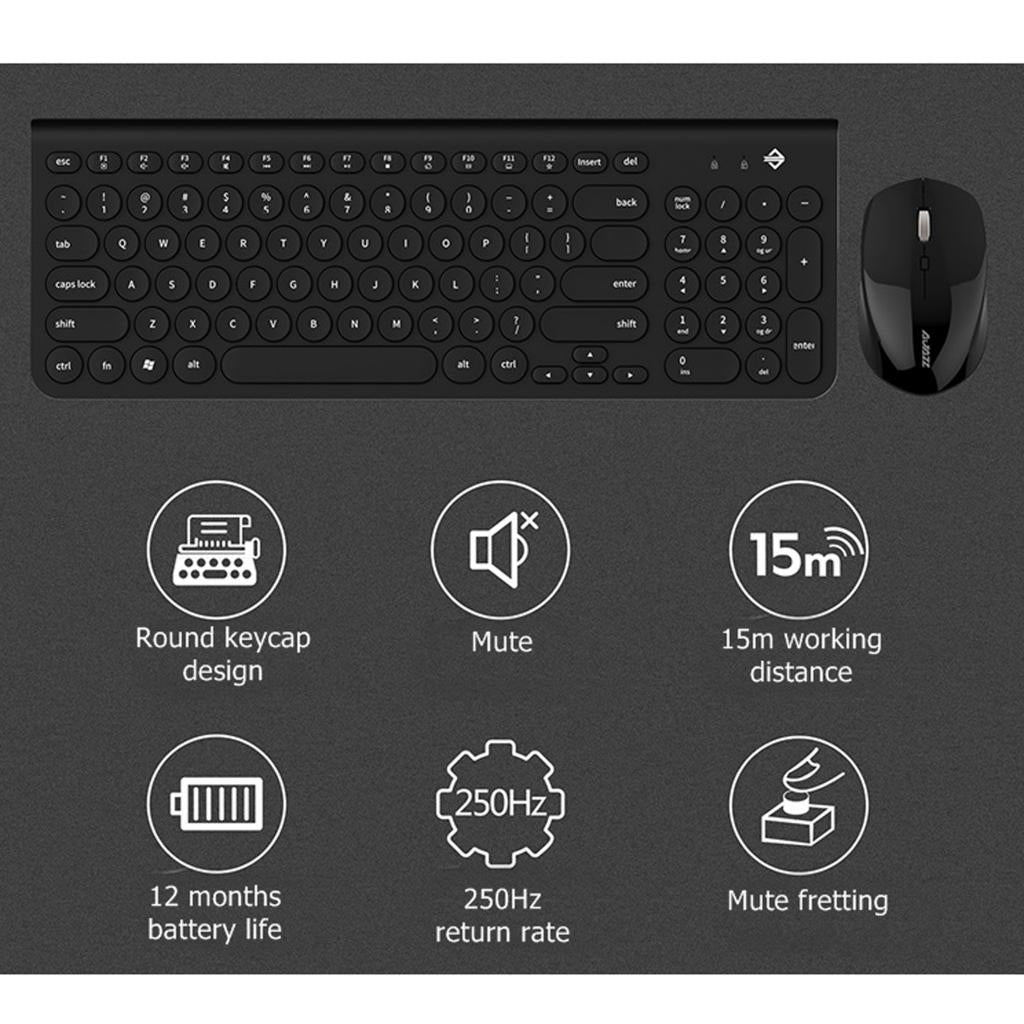 Retro Circular Mute Wireless Keyboard and 1600DPI Mice for Office Blue