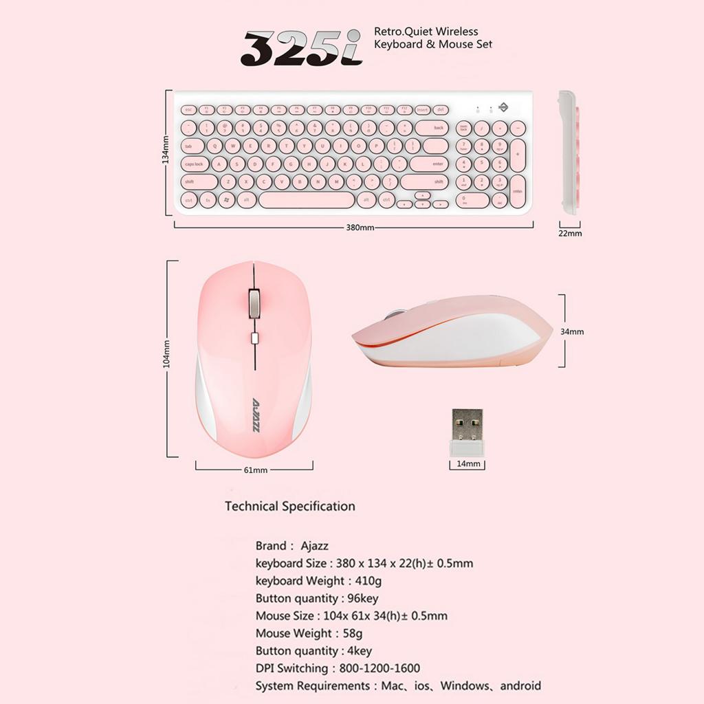 Retro Circular Mute Wireless Keyboard and 1600DPI Mice for Office Black