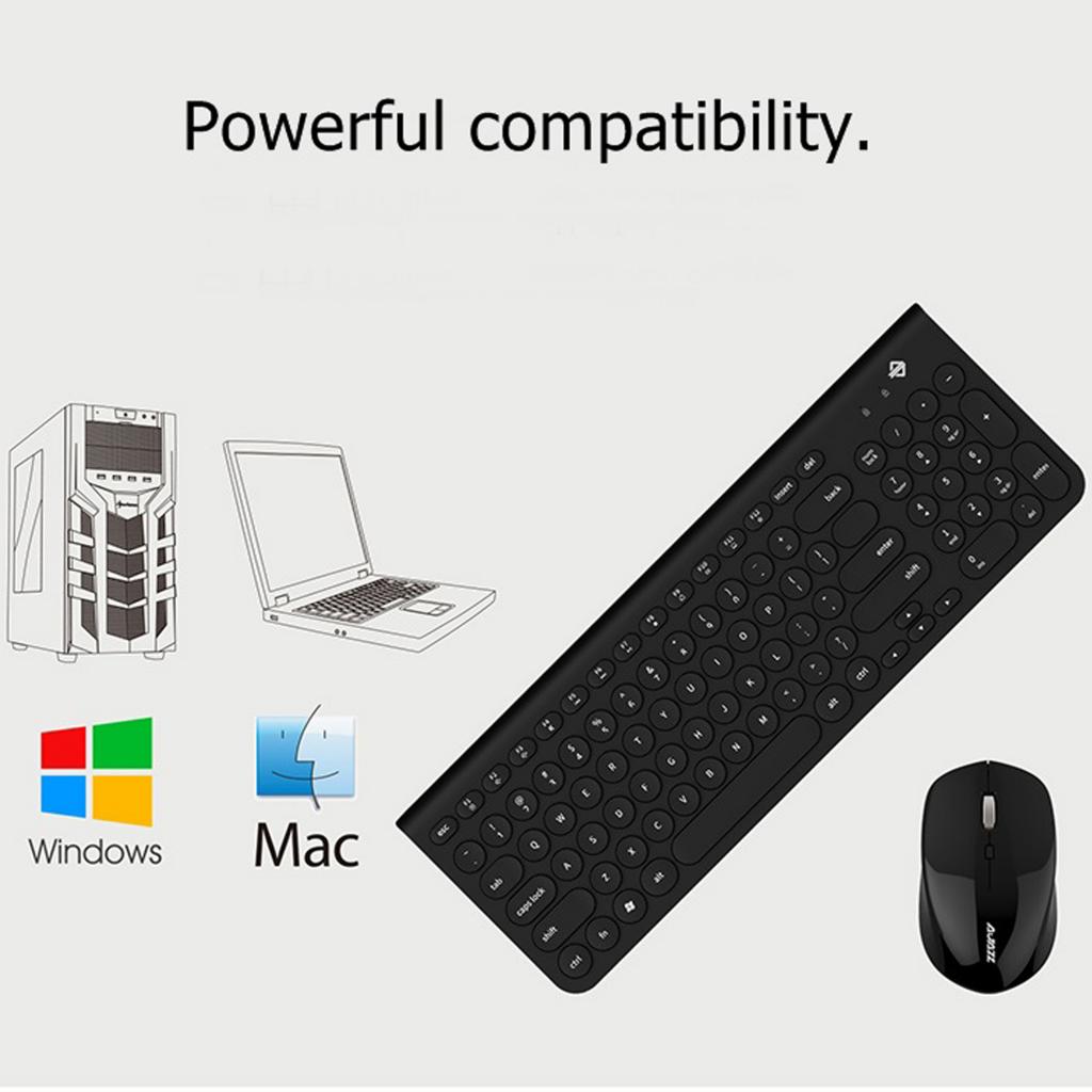 Retro Circular Mute Wireless Keyboard and 1600DPI Mice for Office Black