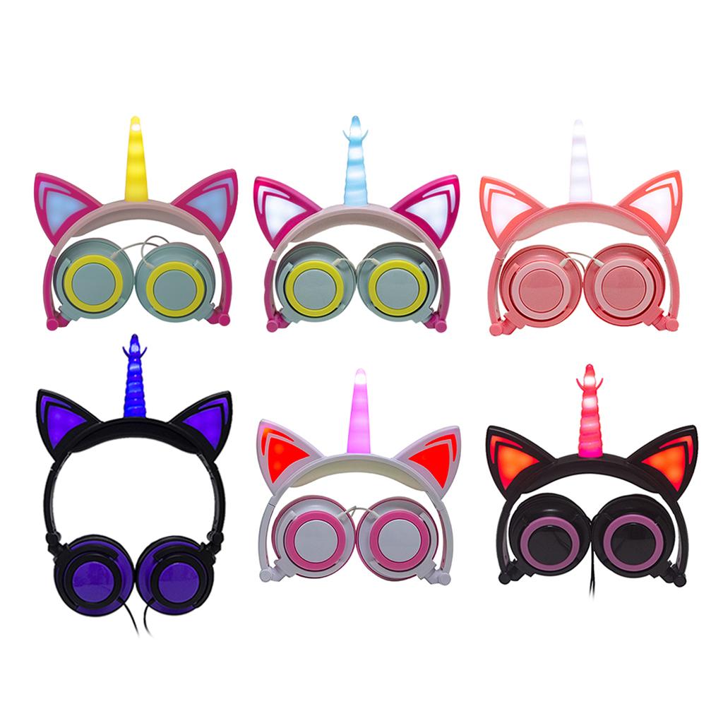 Cat Ear Unicorn Kids Headphones LED Flashing Girls Headband green yellow