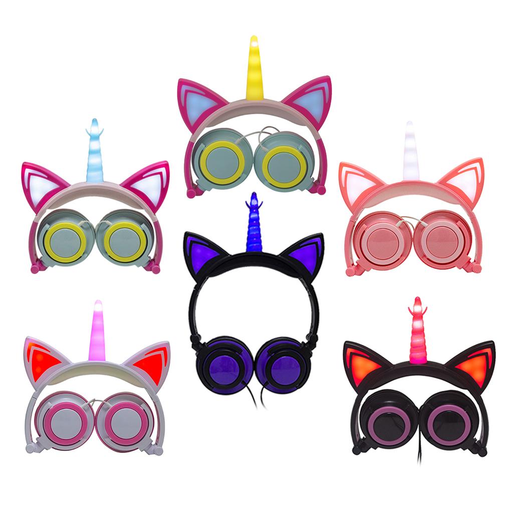 Cat Ear Unicorn Kids Headphones LED Flashing Girls Headband green yellow