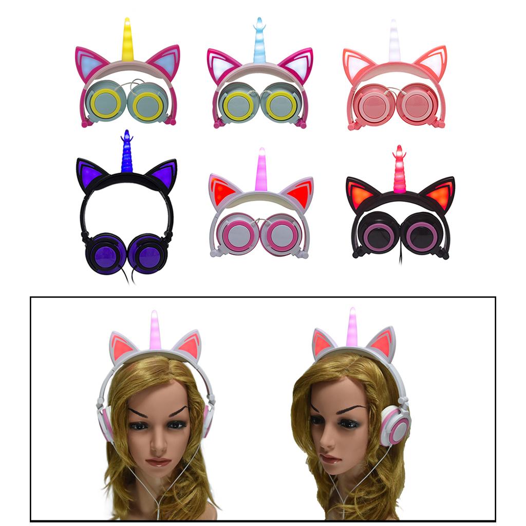 Cat Ear Unicorn Kids Headphones LED Flashing Girls Headband green yellow