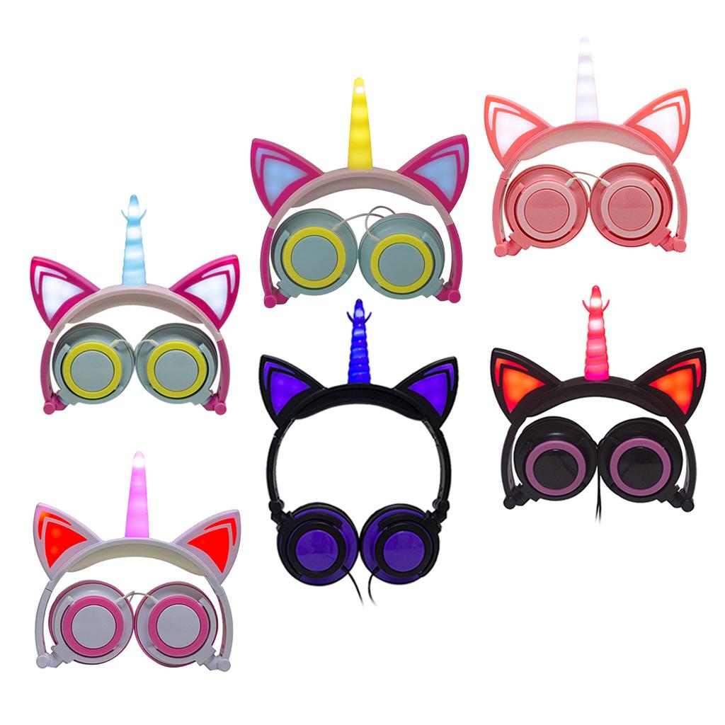 Cat Ear Unicorn Kids Headphones LED Flashing Girls Headband green yellow