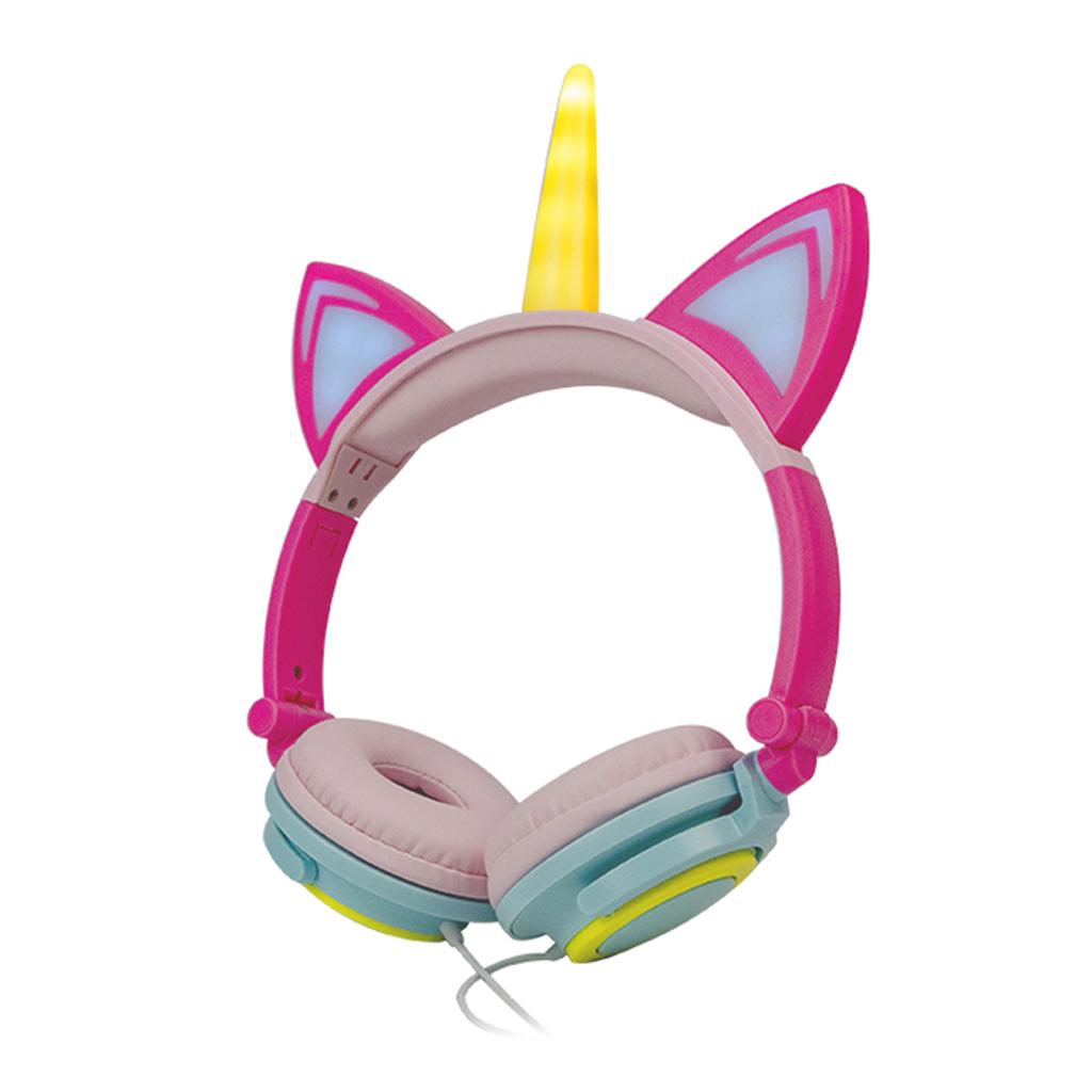 Cat Ear Unicorn Kids Headphones LED Flashing Girls Headband green yellow