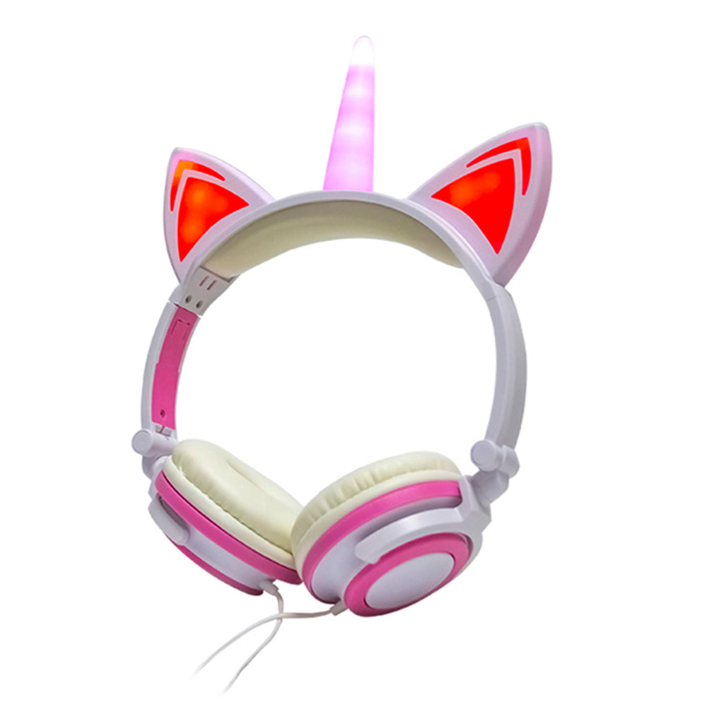 Cat Ear Unicorn Kids Headphones LED Flashing Girls Headband white pink