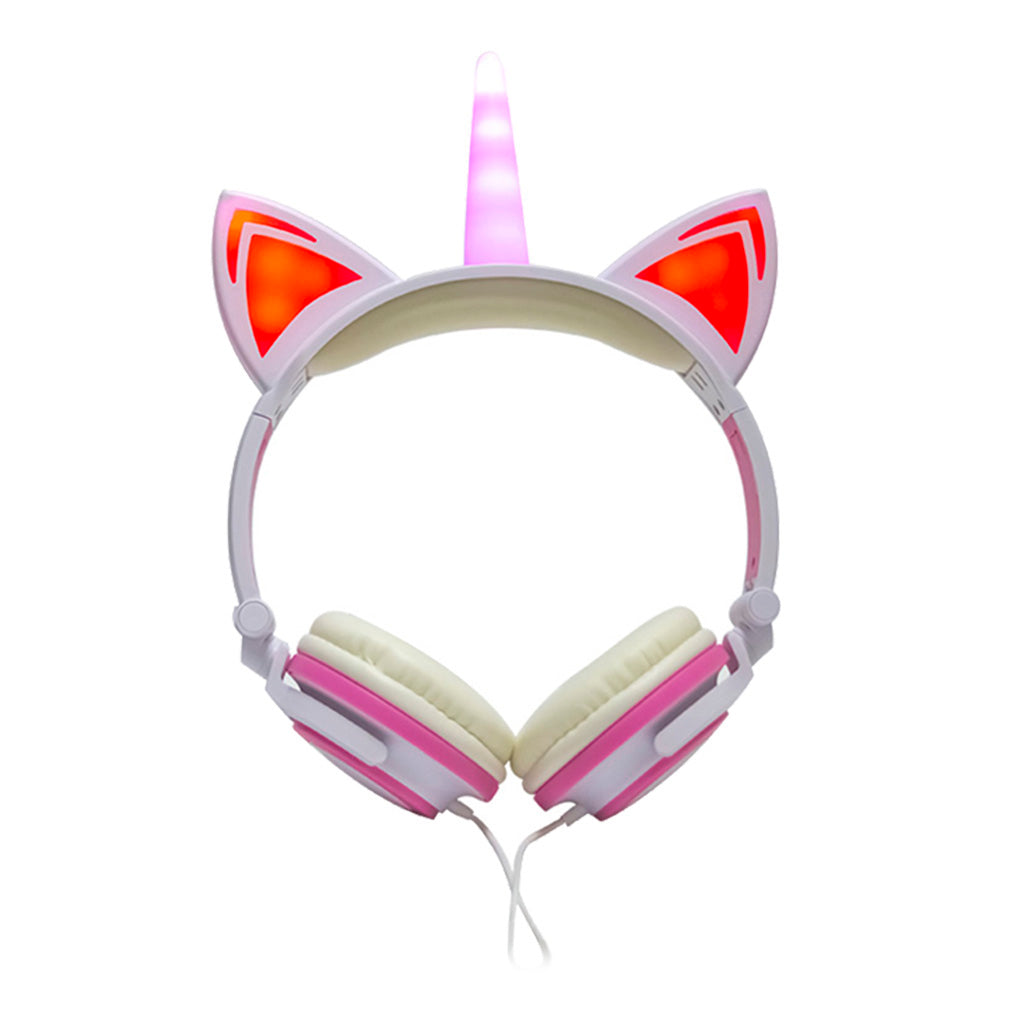 Cat Ear Unicorn Kids Headphones LED Flashing Girls Headband white pink