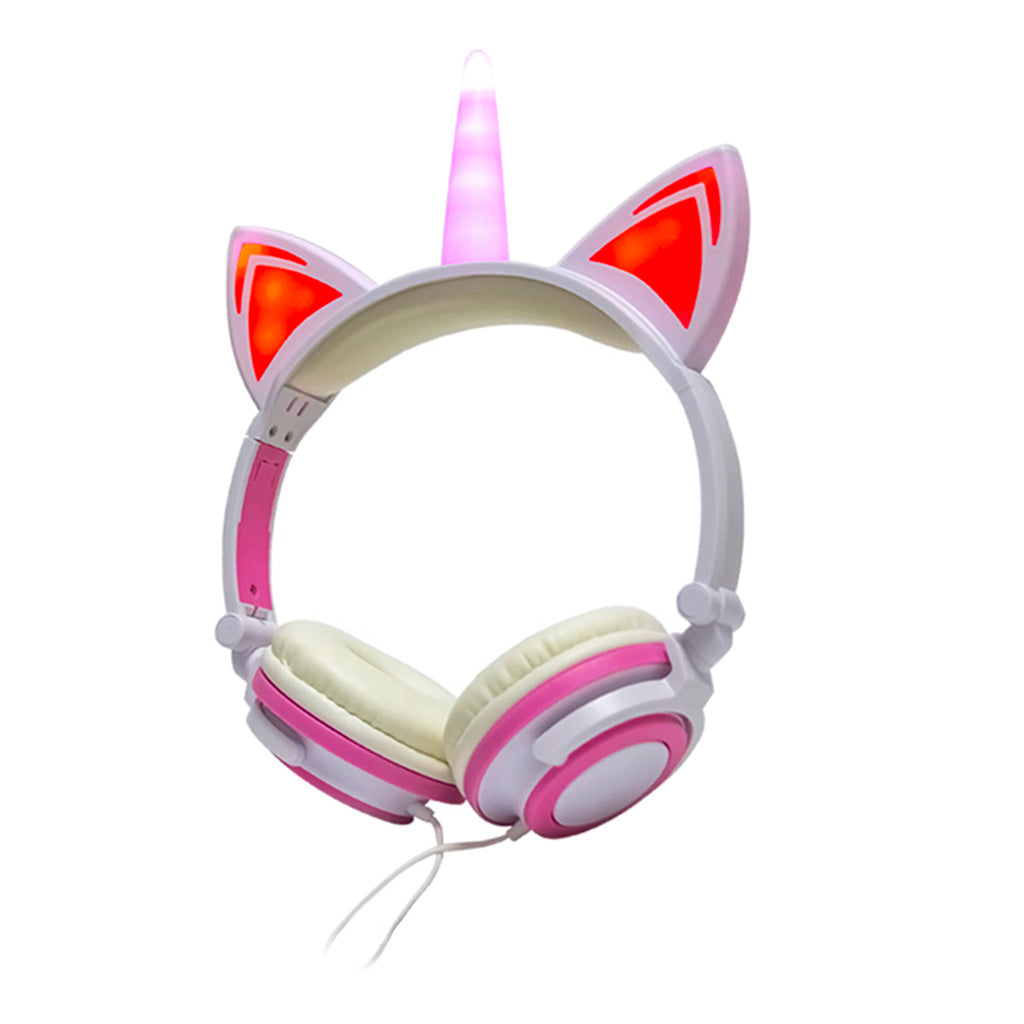 Cat Ear Unicorn Kids Headphones LED Flashing Girls Headband white pink