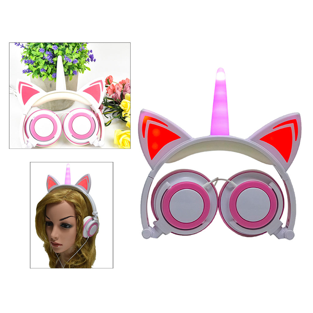 Cat Ear Unicorn Kids Headphones LED Flashing Girls Headband white pink