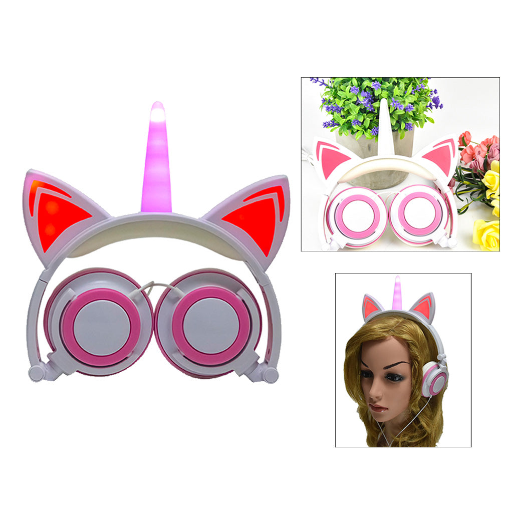 Cat Ear Unicorn Kids Headphones LED Flashing Girls Headband white pink