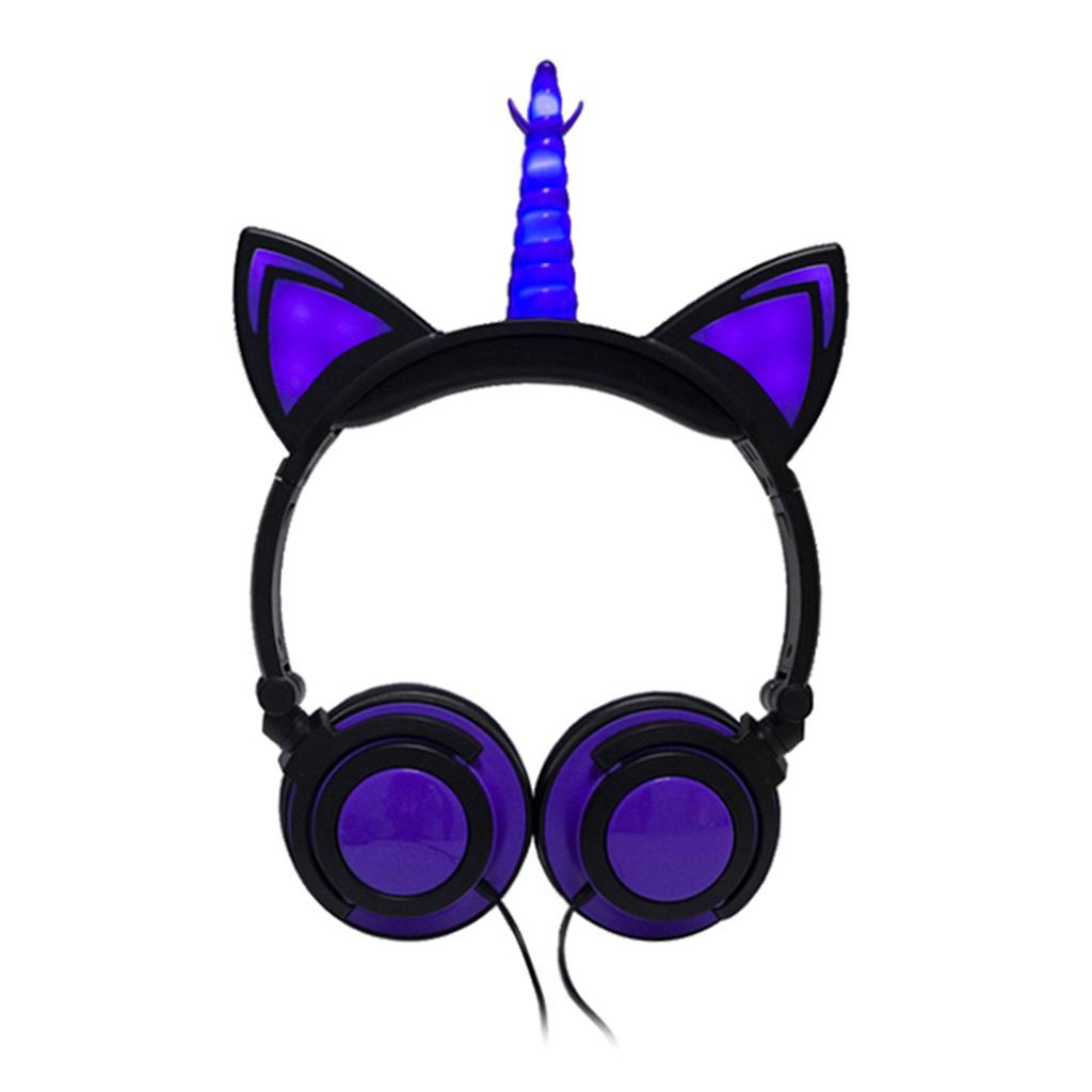 Cat Ear Unicorn Kids Headphones LED Flashing Girls Headband black purple