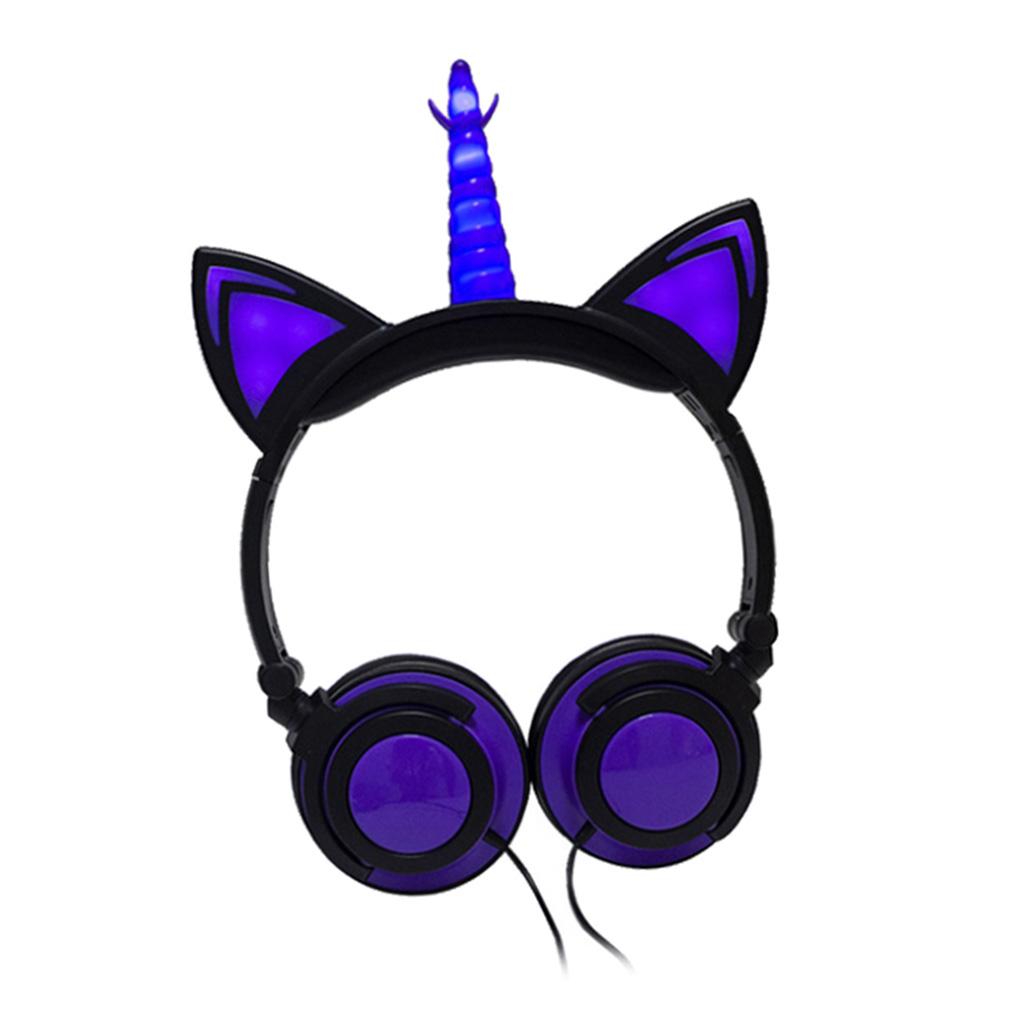 Cat Ear Unicorn Kids Headphones LED Flashing Girls Headband black purple