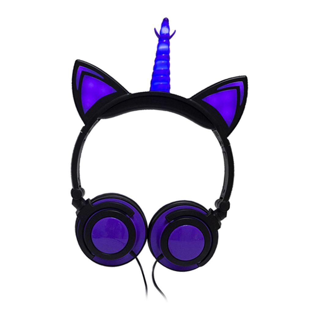 Cat Ear Unicorn Kids Headphones LED Flashing Girls Headband black purple
