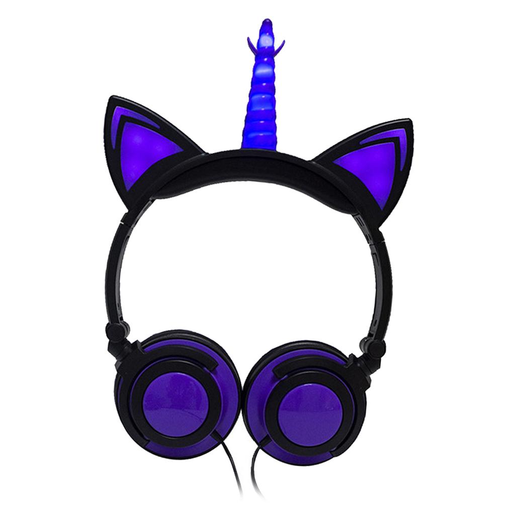 Cat Ear Unicorn Kids Headphones LED Flashing Girls Headband black purple