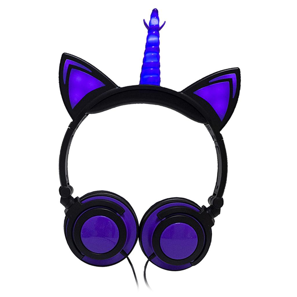 Cat Ear Unicorn Kids Headphones LED Flashing Girls Headband black purple