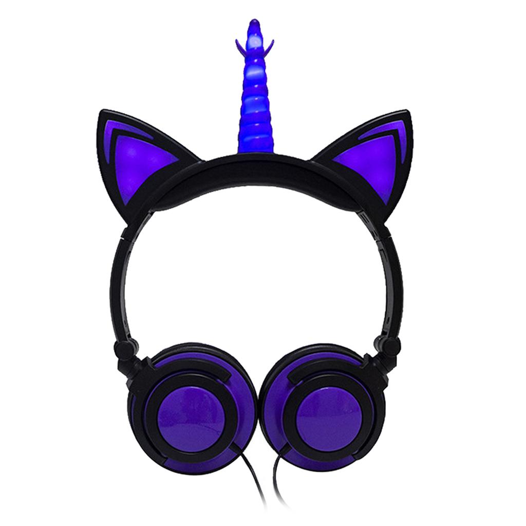 Cat Ear Unicorn Kids Headphones LED Flashing Girls Headband black purple