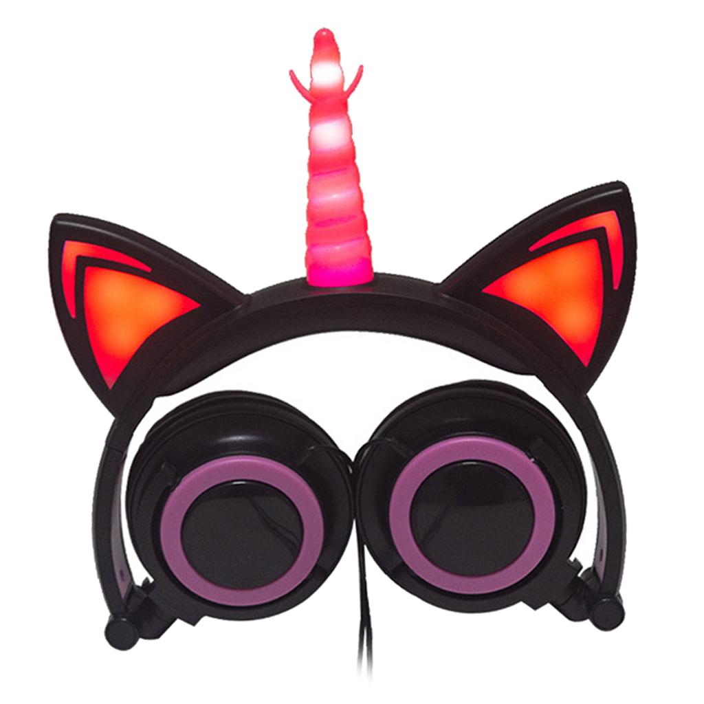 Cat Ear Unicorn Kids Headphones LED Flashing Girls Headband black pink