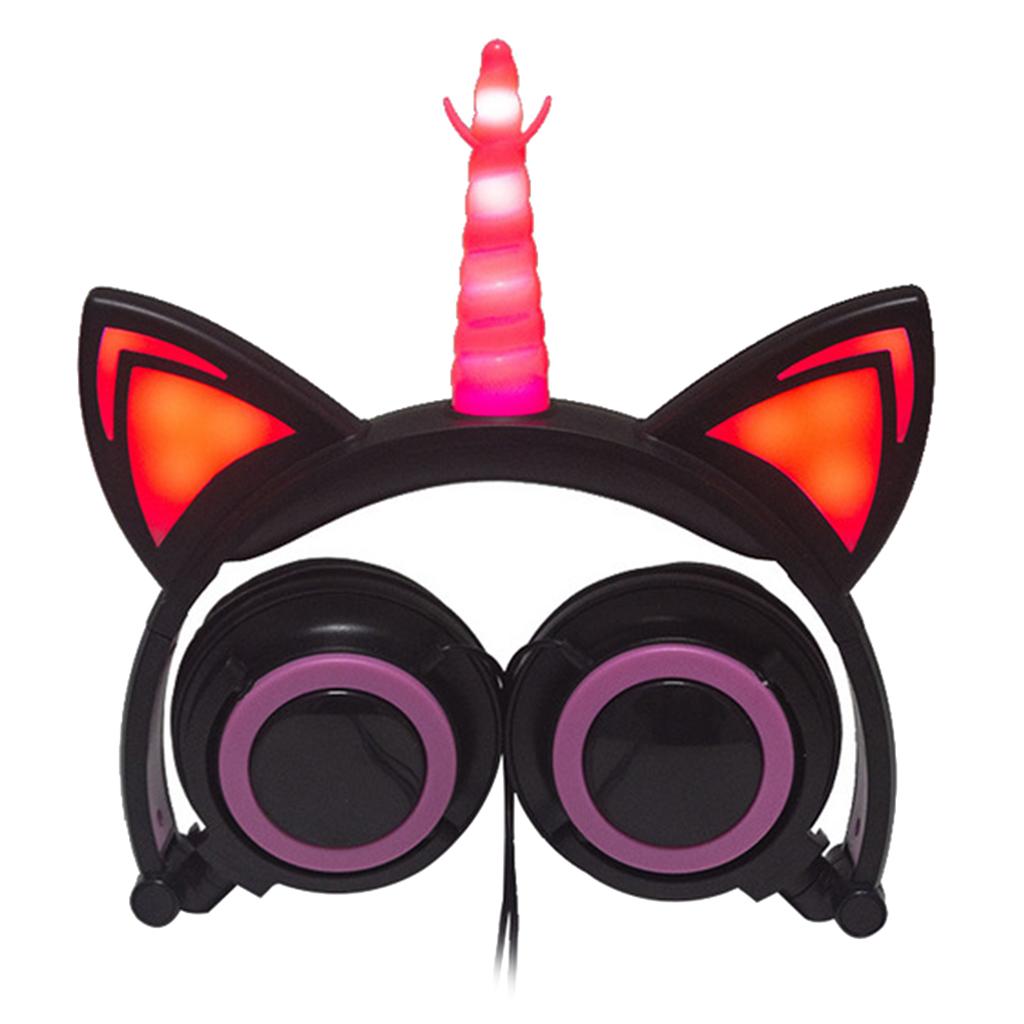 Cat Ear Unicorn Kids Headphones LED Flashing Girls Headband black pink