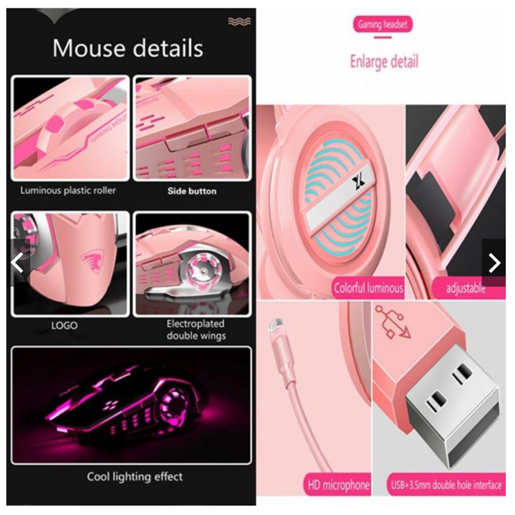 Computer Desktop Gaming Keyboard and Mouse +Gaming Headset +Mouse Pad Pink