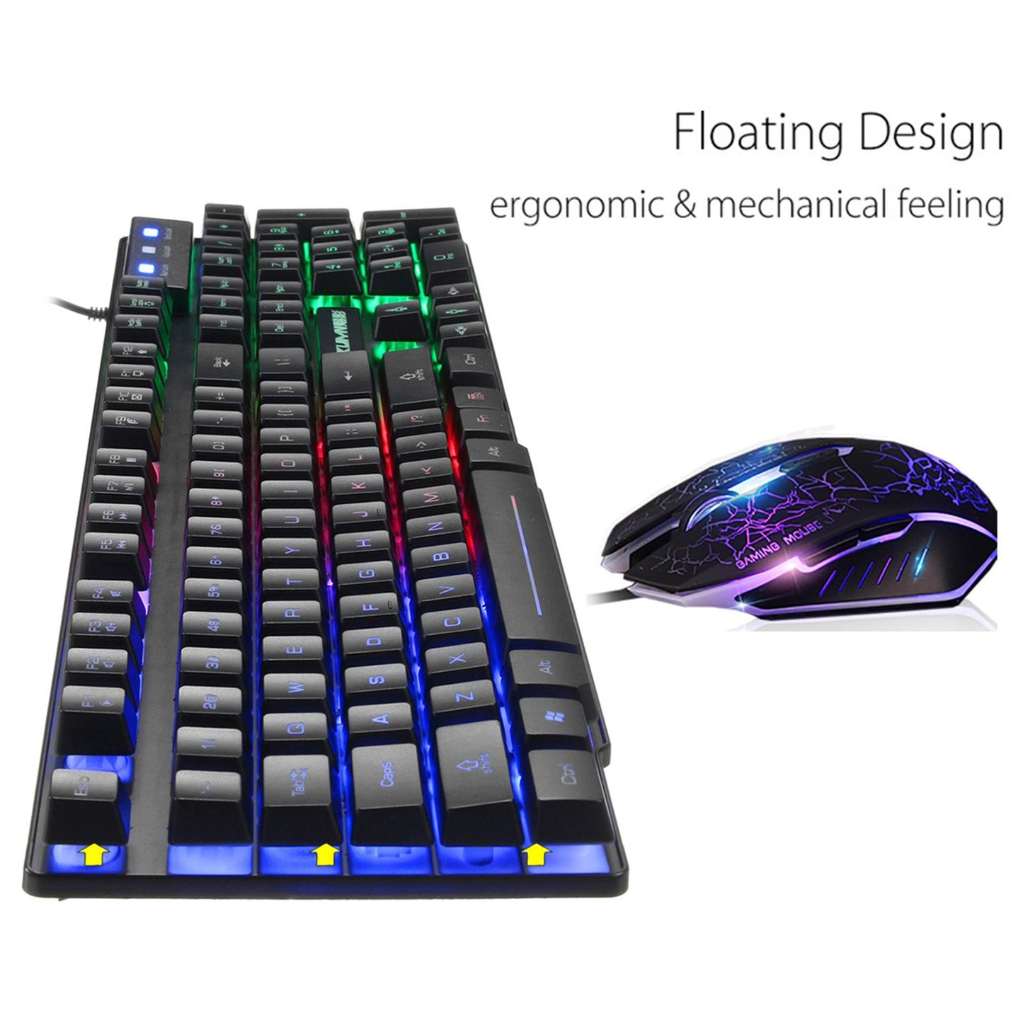 T6 Rainbow LED USB Wired Gaming Keyboard & Mouse Pad Set for PC Laptop Black