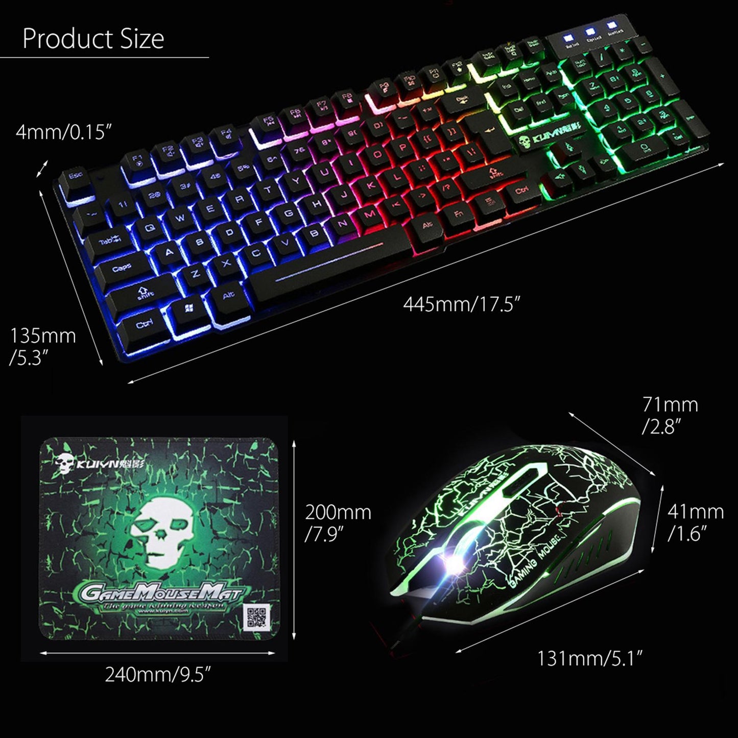 T6 Rainbow LED USB Wired Gaming Keyboard & Mouse Pad Set for PC Laptop Black