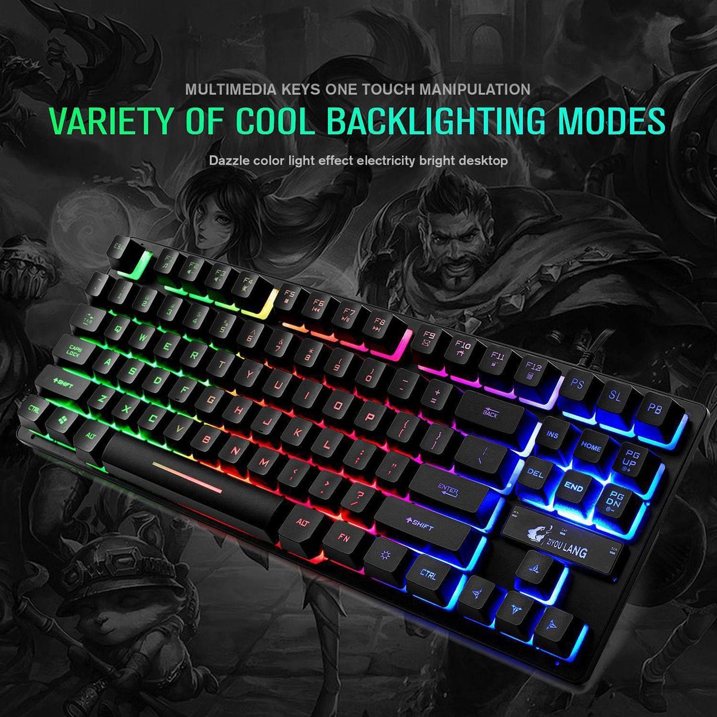 K16 87-Key USB Wired Gaming Keyboard Rainbow Backlight Keypads For PC Laptop
