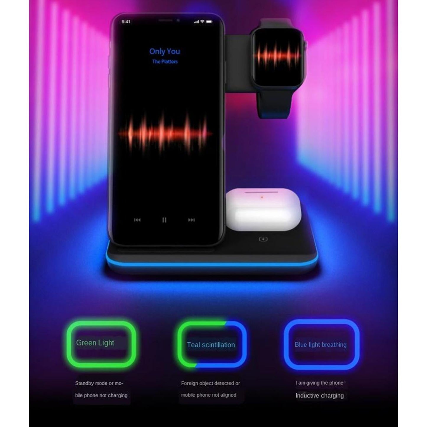 3 in 1 15W Wireless Fast Charging Station Charger Dock Stand for Phone Black