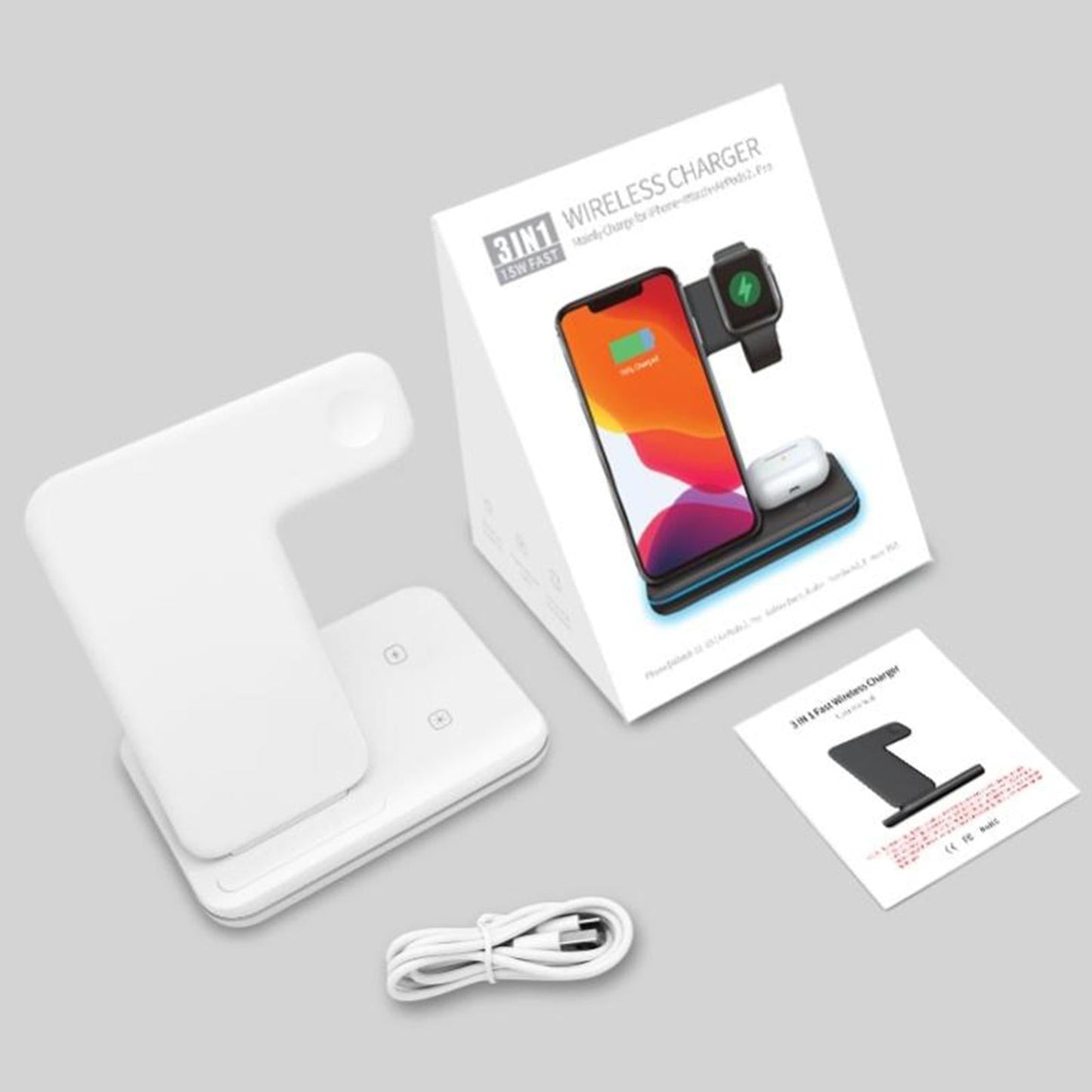 3 in 1 15W Wireless Fast Charging Station Charger Dock Stand for Phone Black