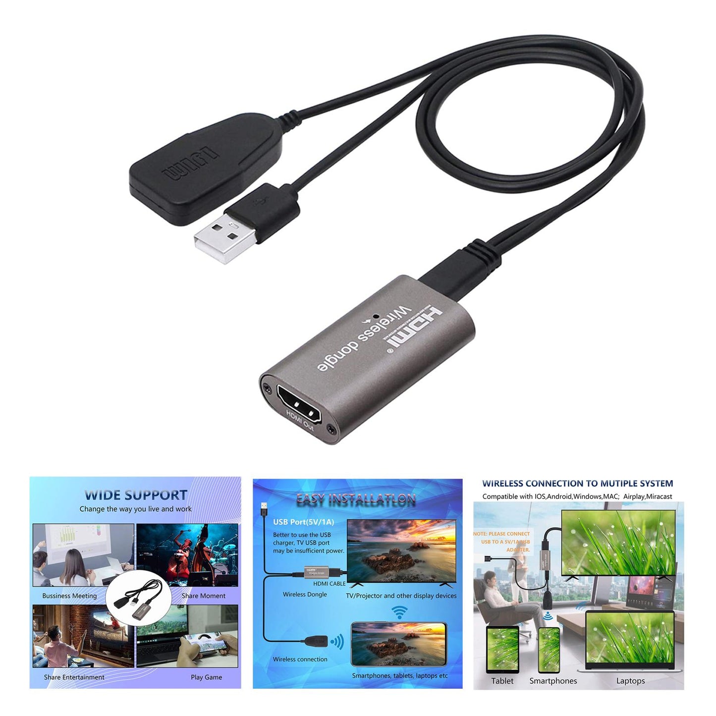 1080P WiFi HDMI Wireless Display Dongle Adapter for Phone Tablet Easy to Use