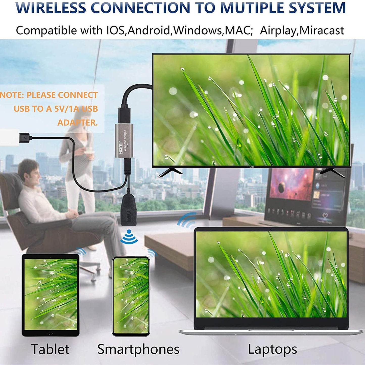 1080P WiFi HDMI Wireless Display Dongle Adapter for Phone Tablet Easy to Use