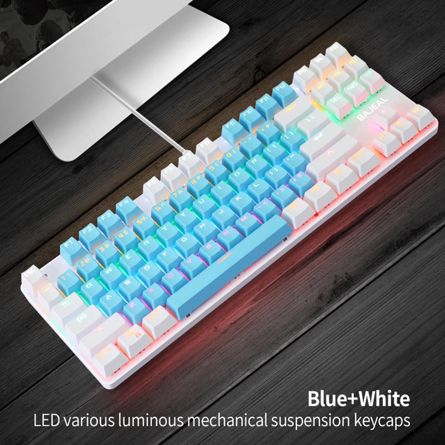 Computer Desktop Wired Gaming Keyboard 87 Keys Layout for Work Blue+White