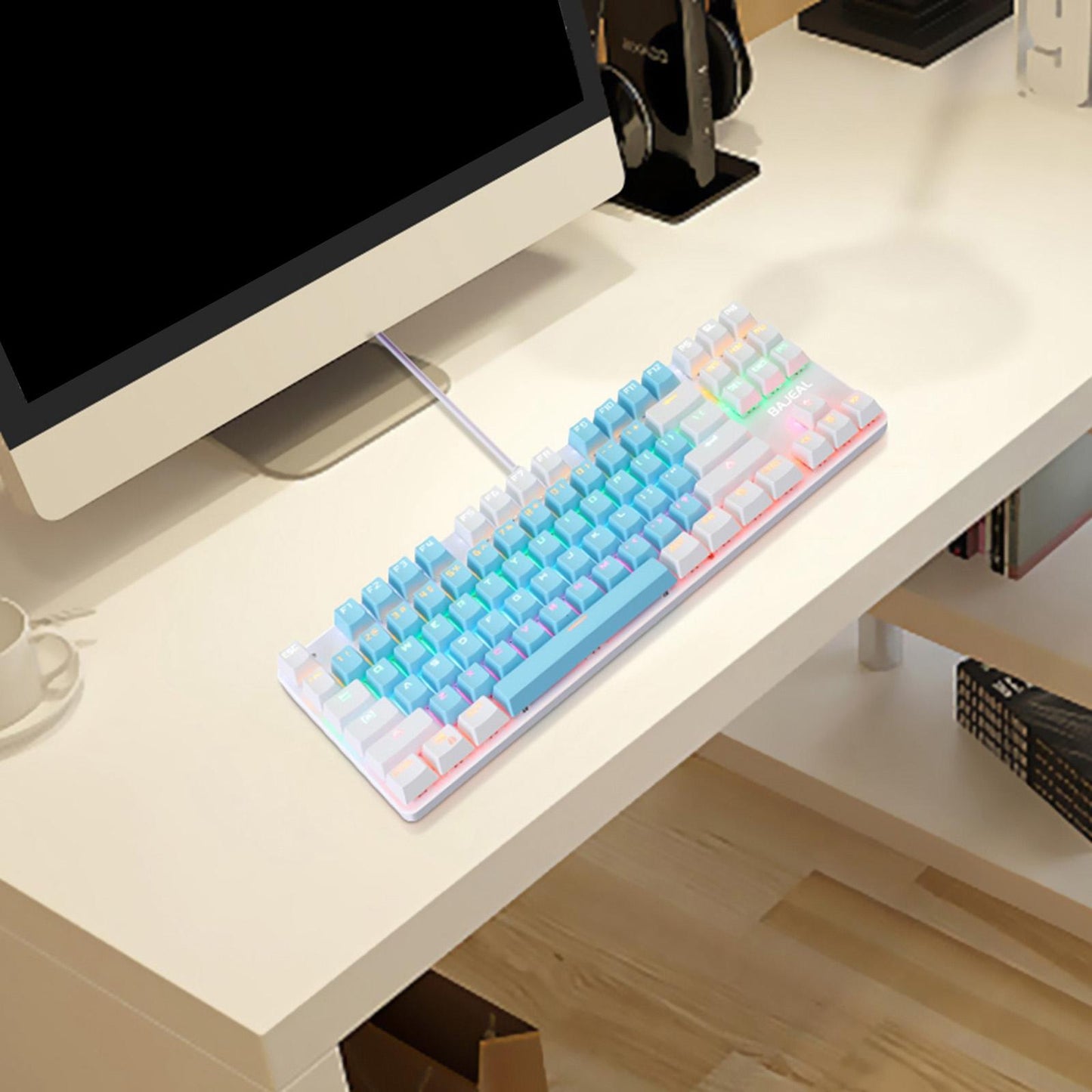 Computer Desktop Wired Gaming Keyboard 87 Keys Layout for Work Blue+White