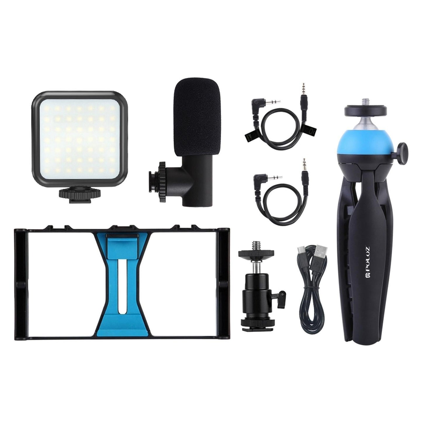 Phone Video Rig Kit Selfie Ring Light Microphone Film Making Stabilizer Blue