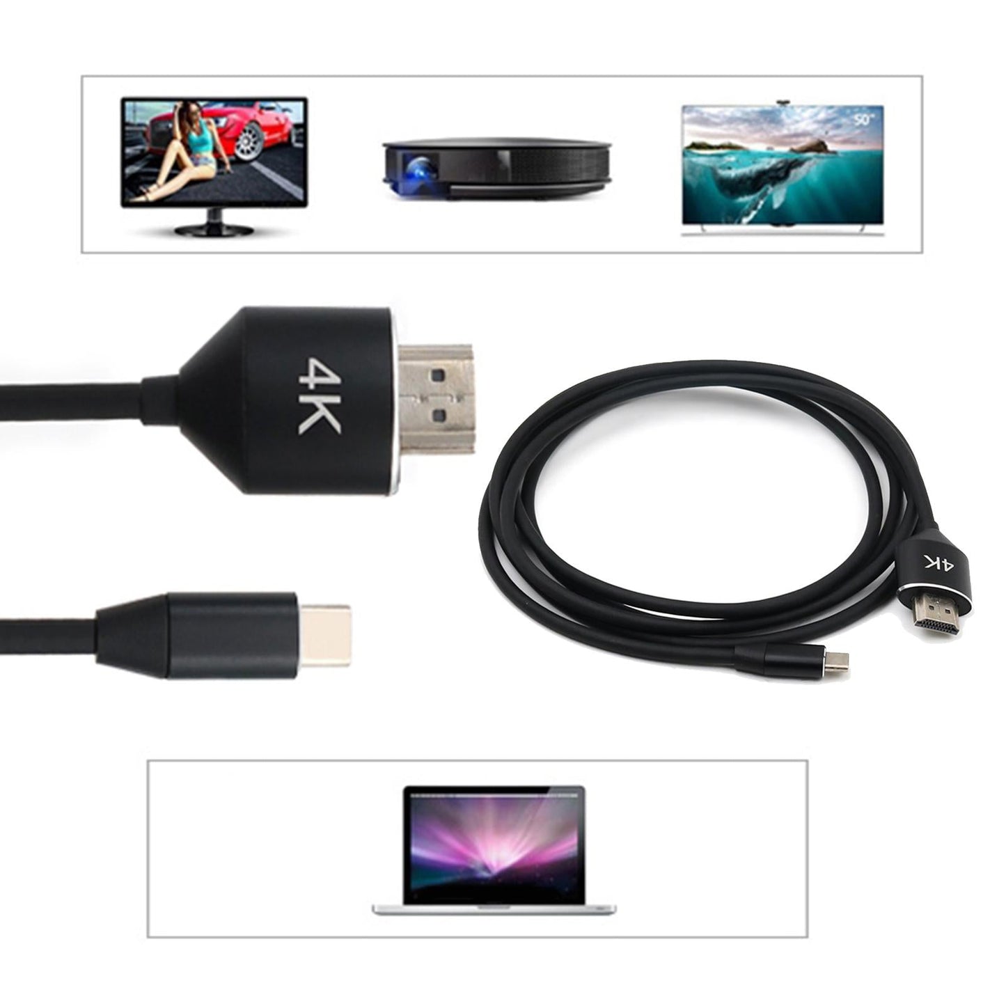 1080P USB-C Type-C to HDMI TV Cable 2m High Speed for Macbook Pro Black