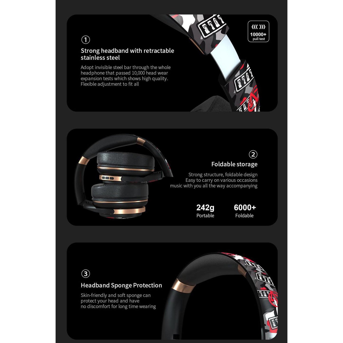 Bluetooth Headphones Over Ear Foldable Built-in Mic Soft Earmuffs Red