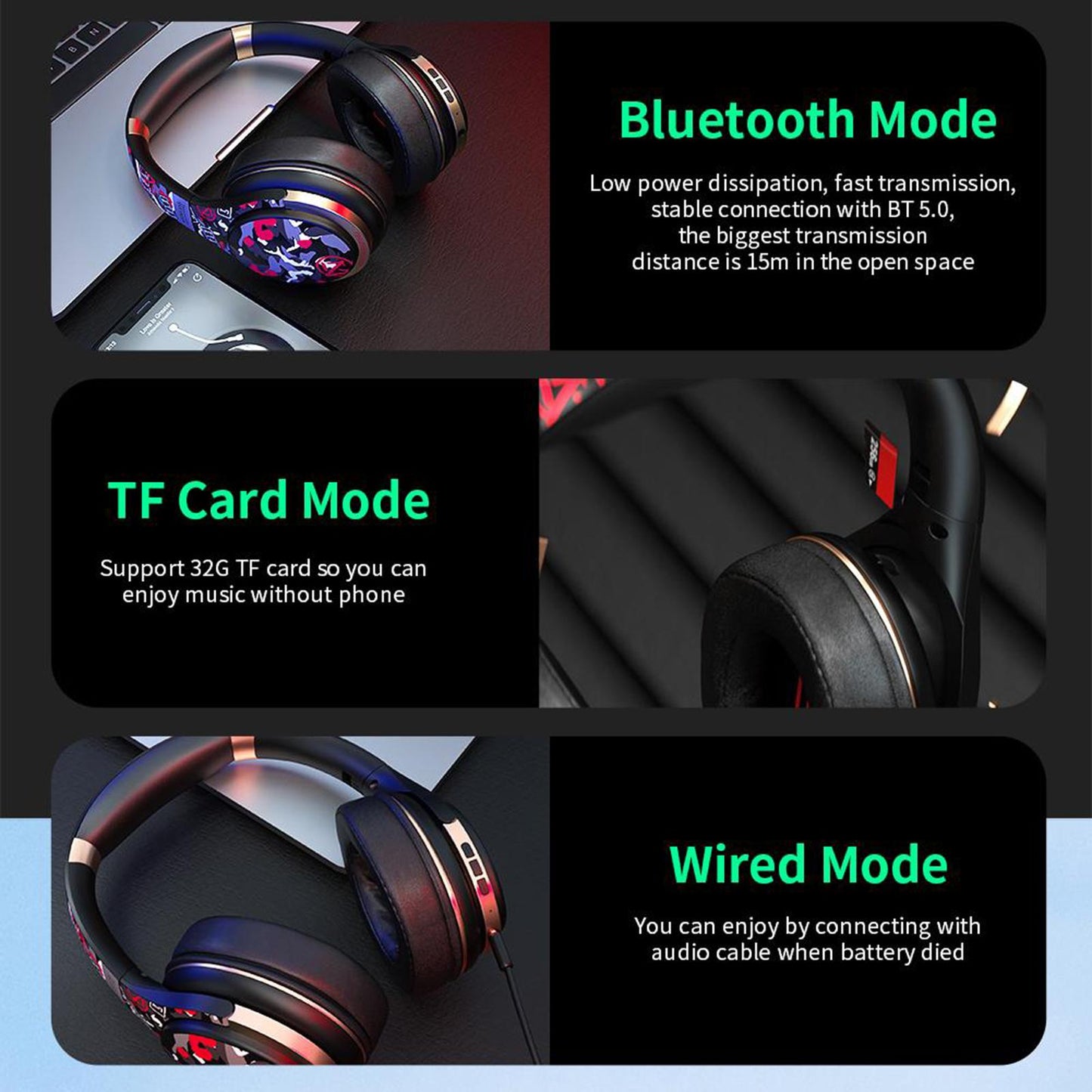 Bluetooth Headphones Over Ear Foldable Built-in Mic Soft Earmuffs Red