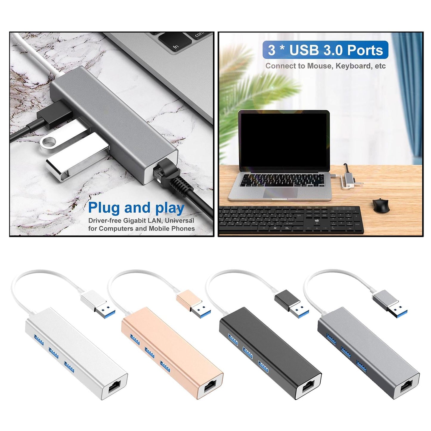 3-Port USB 3.0 Hub with Ethernet Supporting RJ45 10/100Mbps silver