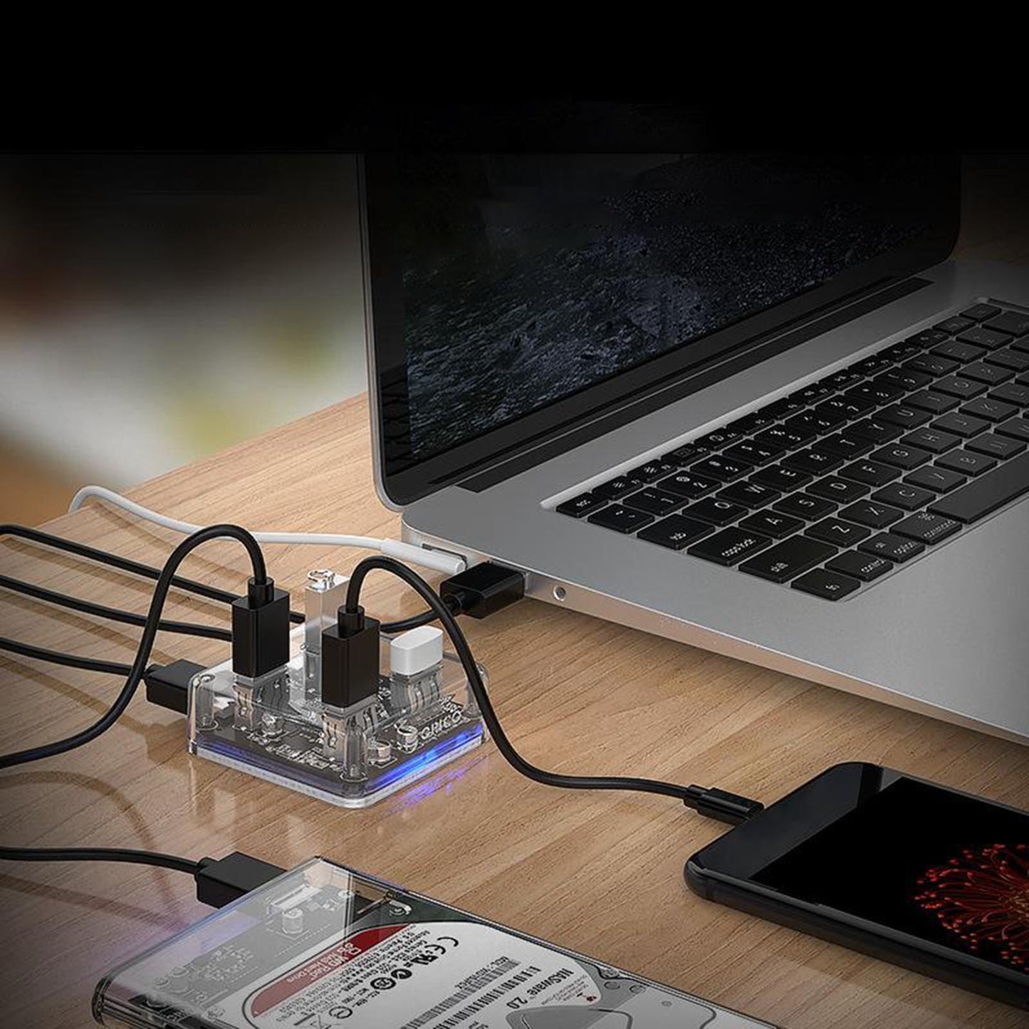 Transparent HUB 4 Ports USB3.0 Adapter Splitter USB Power Supply 30cm Cable