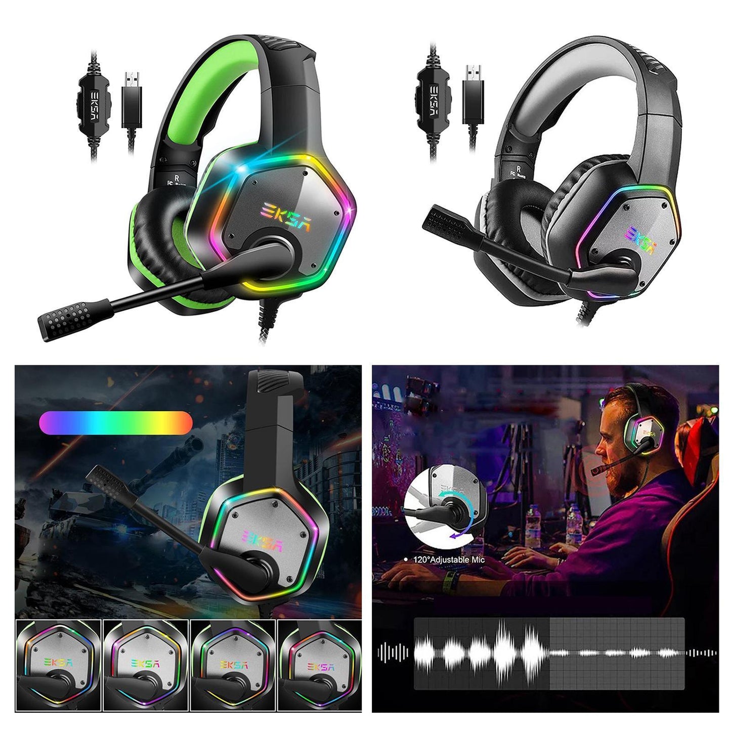 EKSA E1000 USB Gaming Headsets On Ear Stereo Earphone Headphone Black+Grey