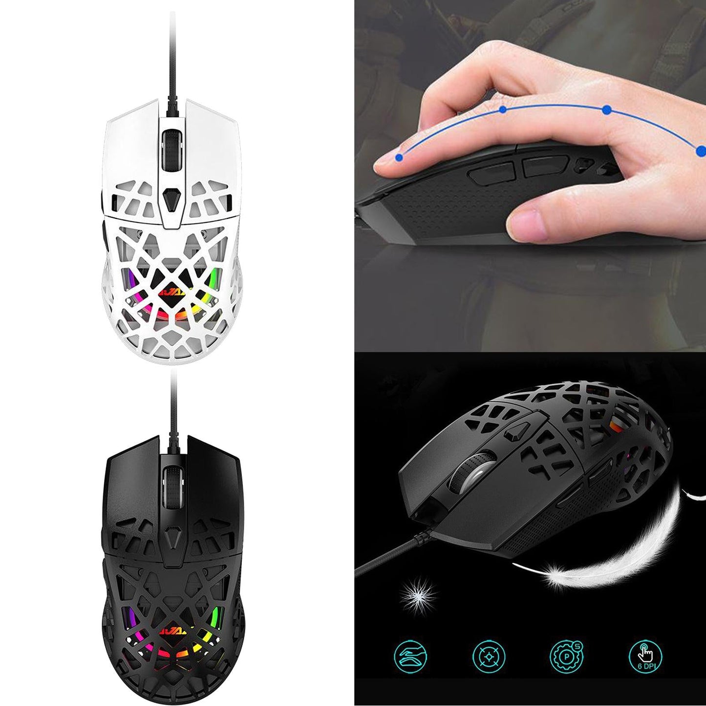 Ultralight RGB Gaming Mouse Wired Honeycomb Design for Computer White
