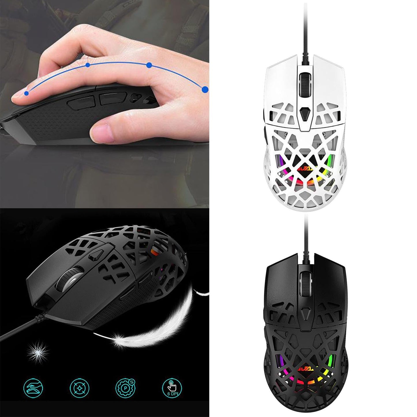 Ultralight RGB Gaming Mouse Wired Honeycomb Design for Computer White