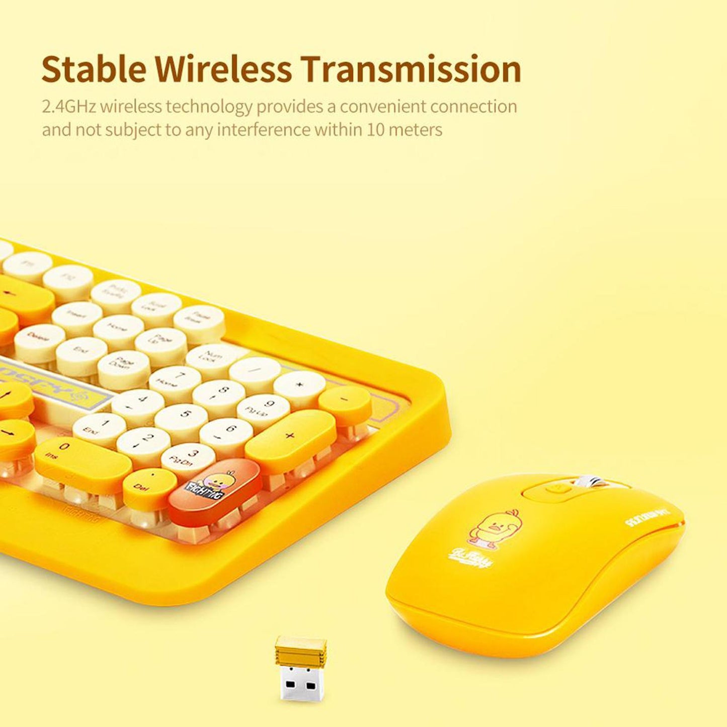 Desktop 2.4G Wireless Keyboard & Mouse Combo Retro Round Key Yellow
