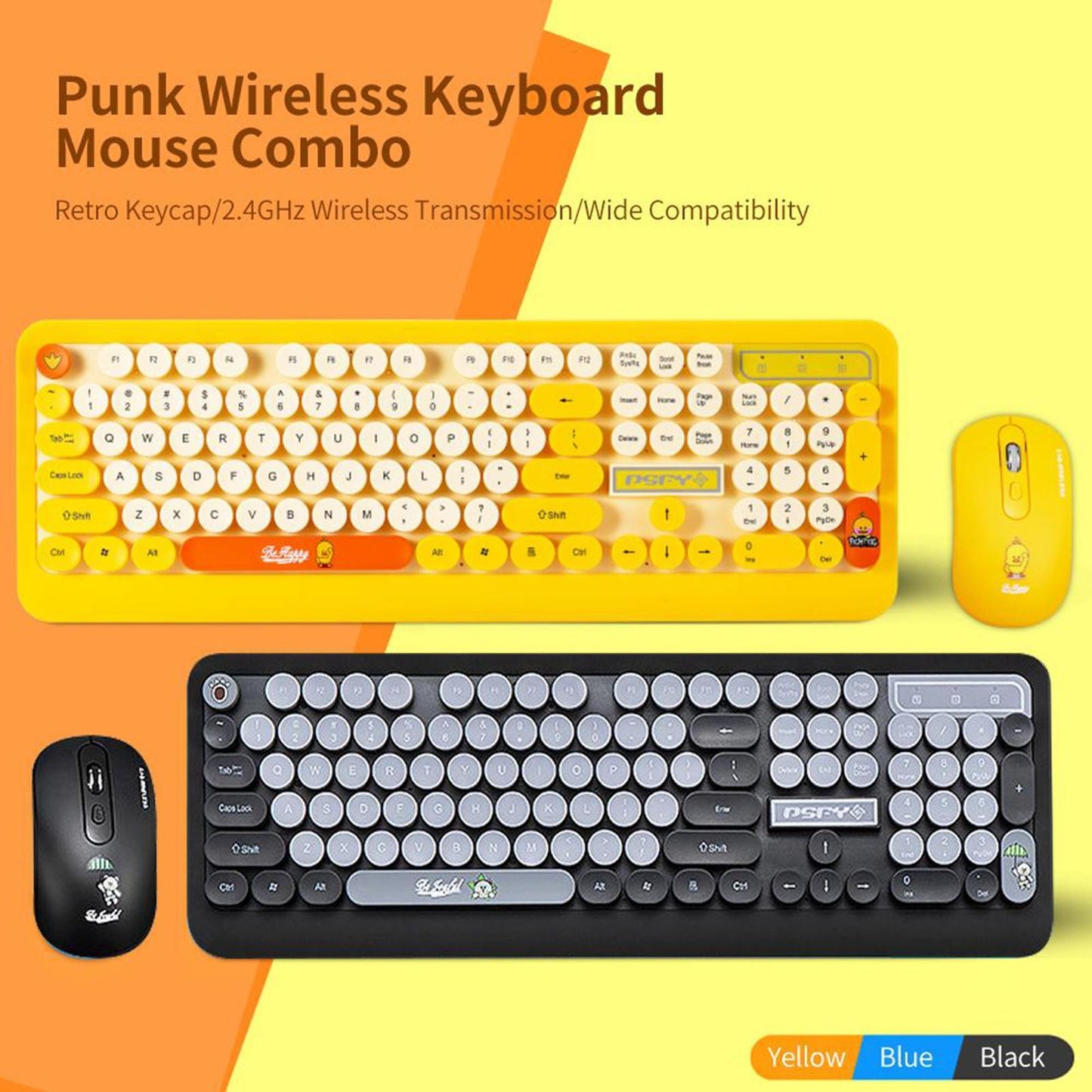 Desktop 2.4G Wireless Keyboard & Mouse Combo Retro Round Key Yellow