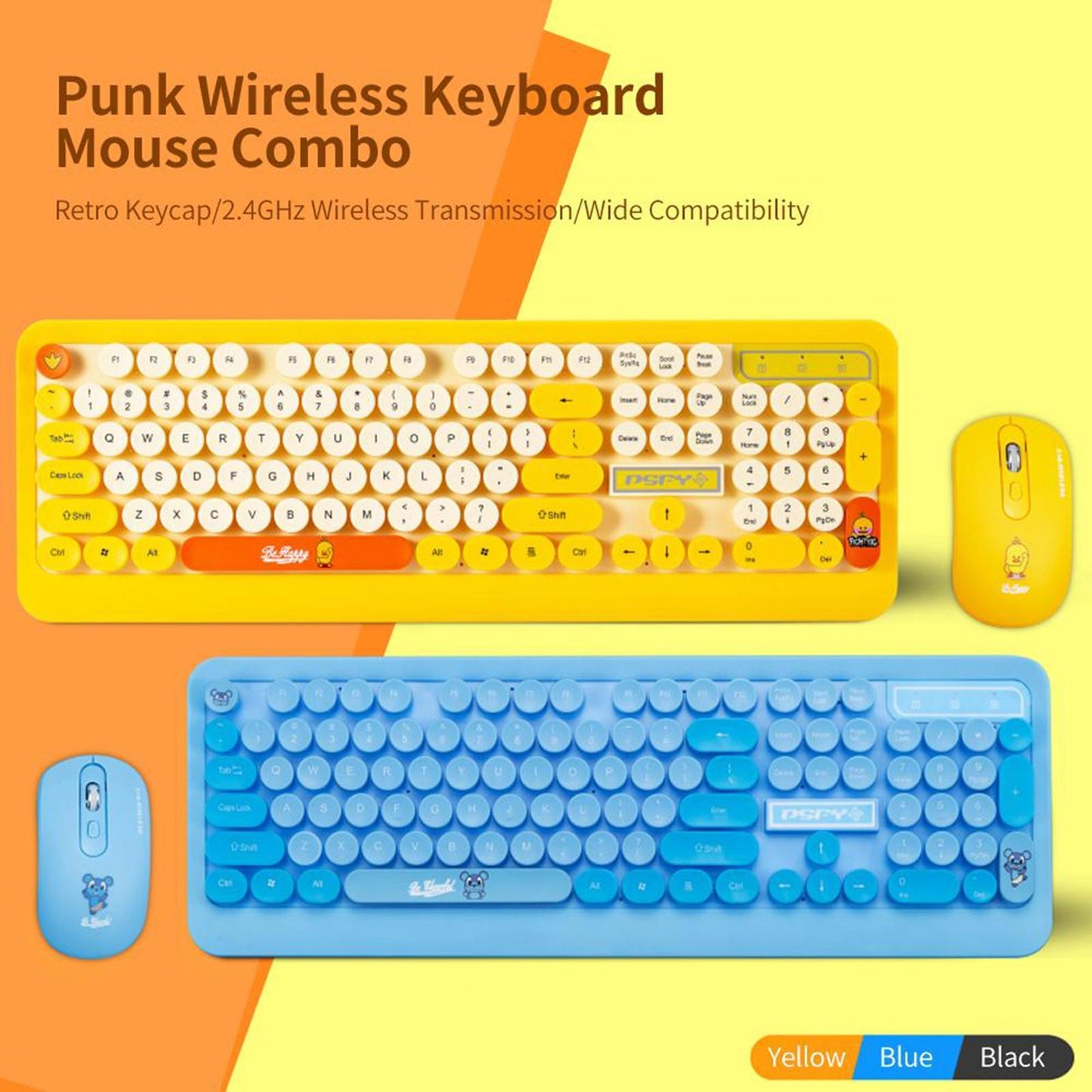 Desktop 2.4G Wireless Keyboard & Mouse Combo Retro Round Key Yellow